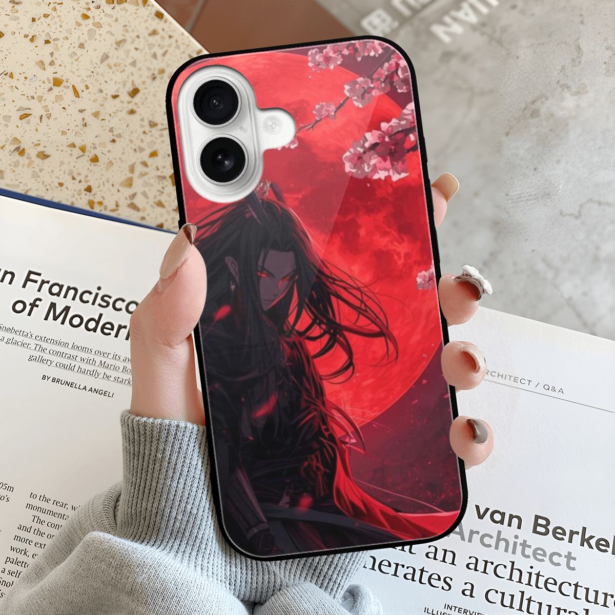 iPhone 16 Glass Phone Case red moon anime girl